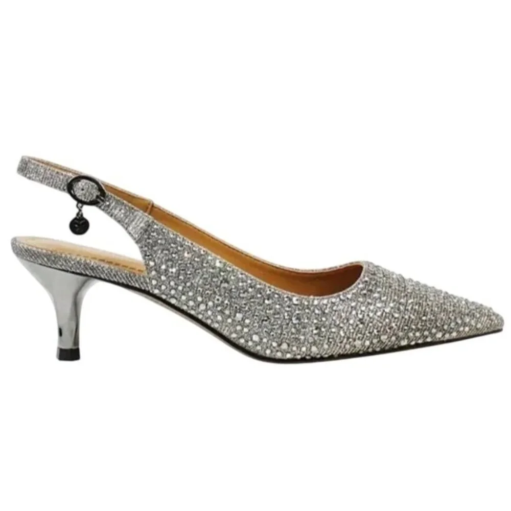 R J. Renee Ferryanne Rhinestone Glitter Fabric Slingback Pumps Silver 7.5 New - Picture 7 of 14